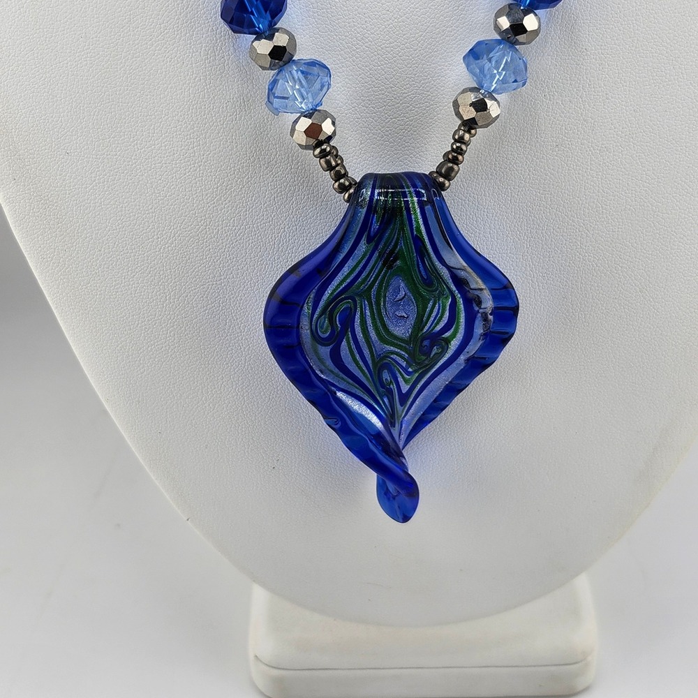 Blue Art Glass Pendant Necklace Statement Bead Boho Jewelry Fashion